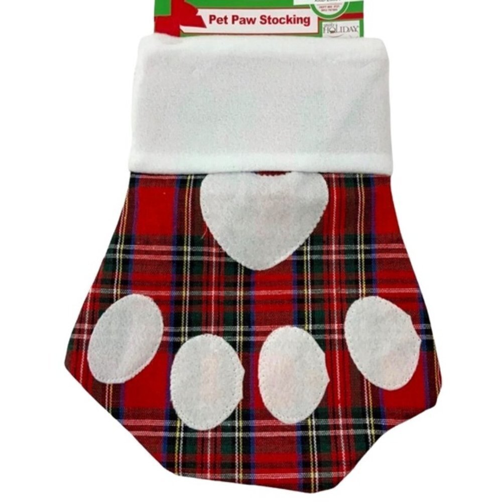 Pet Christmas Holiday Stocking Pet Paw Tartan Plaid Red White Multicolor